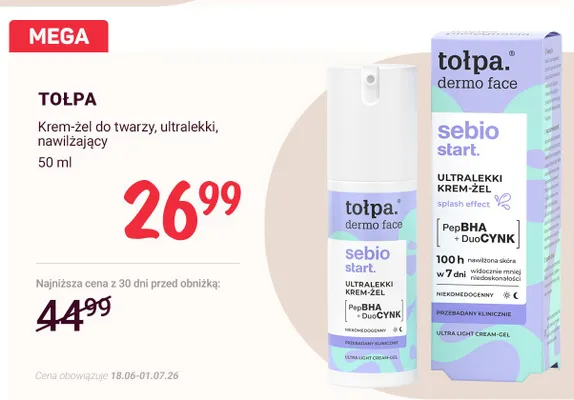 Krem-żel do twarzy Tołpa Dermo Face Sebio Start ultralekki nawilżający promocja w Rossmann