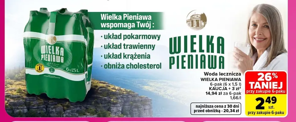 Woda niegazowana lecznicza Wielka Pieniawa 6-pak promocja w Carrefour