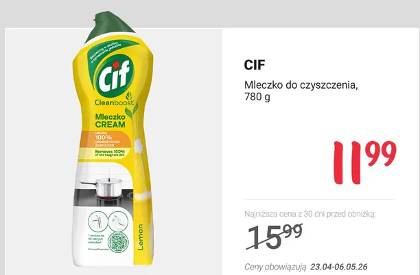 Mleczko do czyszczenia Cif Cleanboost Cream Lemon promocja w Rossmann