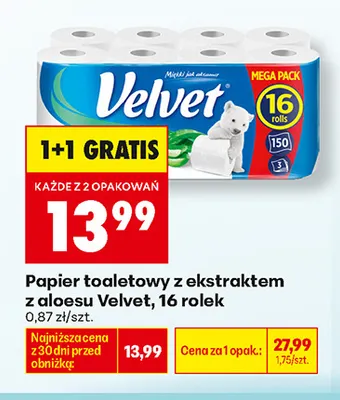 Papier toaletowy z ekstraktem z aloesu Velvet 16-pak promocja w Biedronka