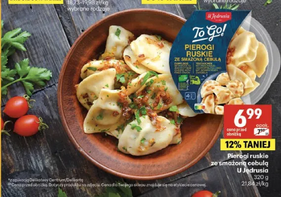 Pierogi ruskie ze smażoną cebulą U Jędrusia promocja w Delikatesy Centrum