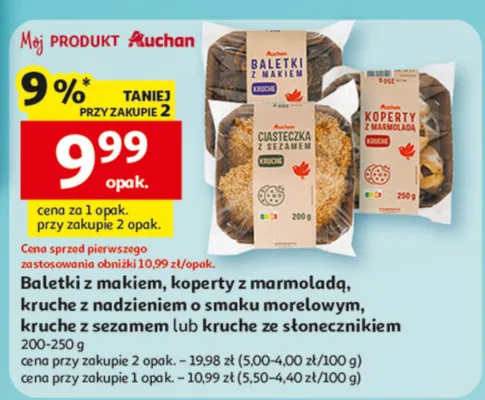 Baletki z makiem, koperty z marmoladą, kruche z nadzieniem o smaku morelowym, kruche z serem mascarpone lub kruche ze słonecznikiem promocja w Auchan