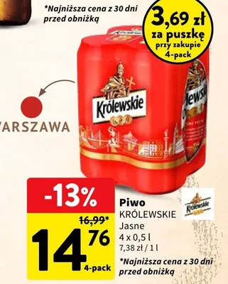 Piwo Królewskie Jasne 4-pack promocja w Intermarche