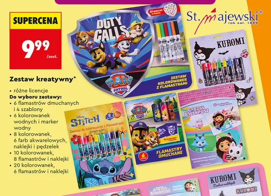 Zestaw kreatywny 8 kolorowanek 6 farb akwarelowych naklejki i pędzelek St. Majewski promocja w Biedronka