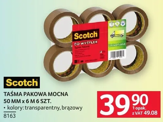 Taśma pakowa mocna Scotch 50mm x 6m kolory: transparentny, brązowy promocja w Selgros