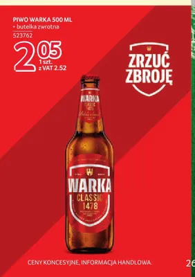 Piwo Warka Classic 1478 butelka zwrotna promocja w Selgros