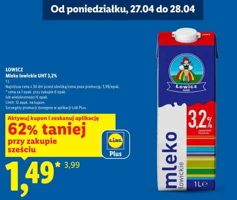 Mleko łowickie UHT 3,2% Łowicz promocja w Lidl