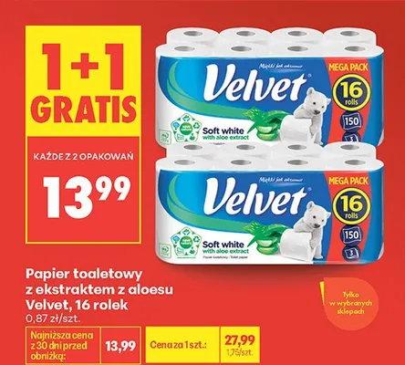 Papier toaletowy z ekstraktem z aloesu Velvet promocja w Biedronka