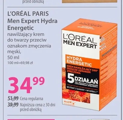 Nawilżający krem do twarzy przeciw oznakom zmęczenia męski Men Expert Hydra Energetic L'Oréal Paris promocja w Hebe