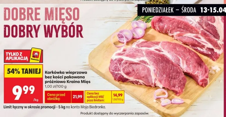 Karkówka wieprzowa bez kości pakowana próżniowo Kraina Mięs promocja w Biedronka