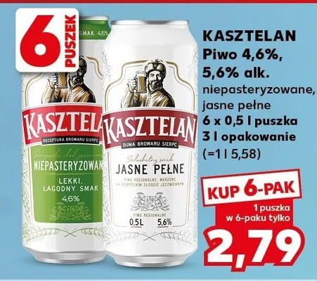 Piwo Kasztelan niepasteryzowane jasne pełne 4,6% alk. promocja w Kaufland