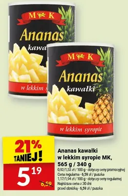 Ananas kawałki w lekkim, w lekkim syropie promocja w Twój Market