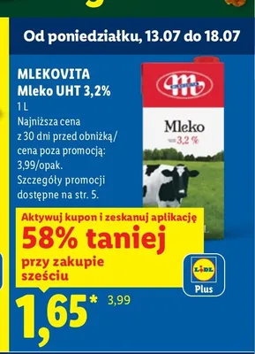 Mleko UHT 3,2% Mlekovita promocja w Lidl