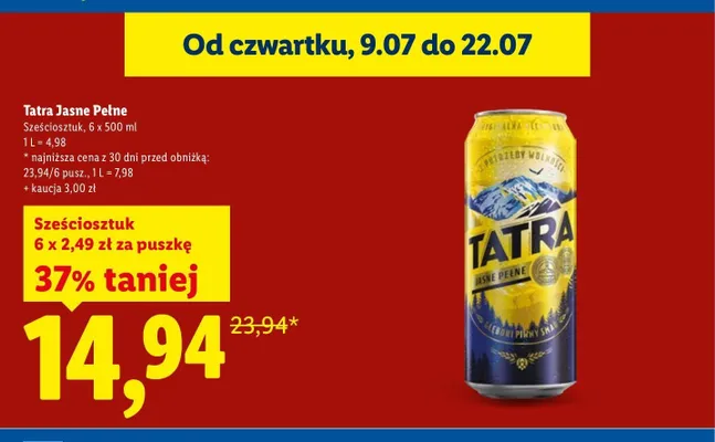 Piwo Tatra Jasne Pełne 6-pak 500 ml promocja w Lidl