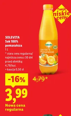 Sok pomarańcza Solevita 100% promocja w Lidl