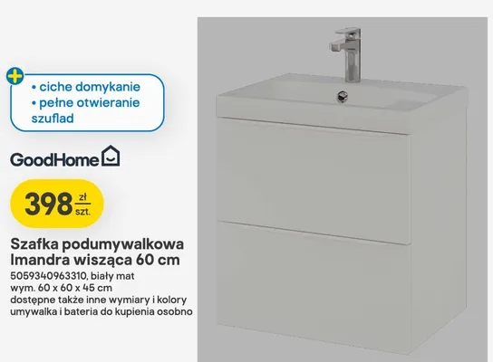 Szafka podumywalkowa GoodHome Imandra wisząca 60cm biały mat promocja w Castorama