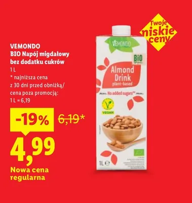 Bio napój migdałowy bez dodatku cukrów Vemondo promocja w Lidl