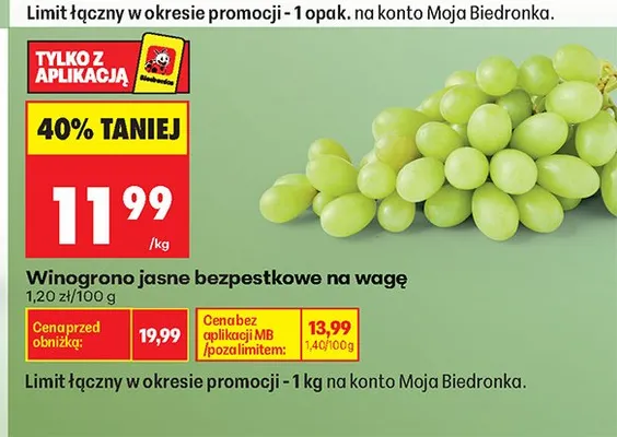 Winogrono jasne bezpestkowe na wagę promocja w Biedronka
