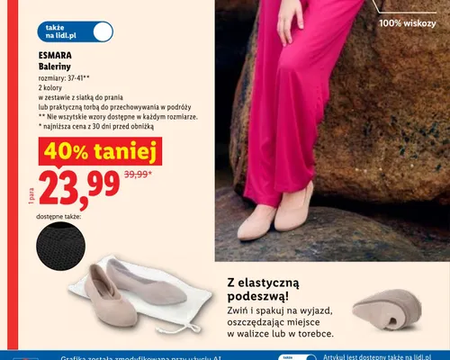 Baleriny Esmara z elastyczną podeszwą w zestawie z praktyczną torbą do przechowywania w podróży promocja w Lidl