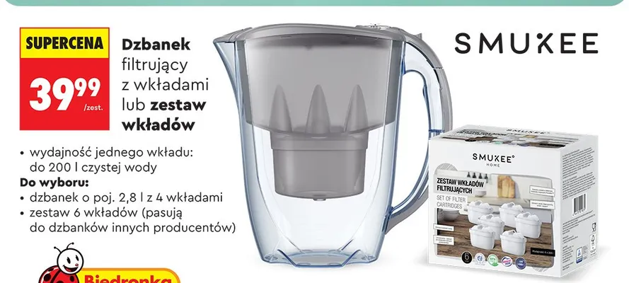 Dzbanek filtrujący 2,8l z 4 wkładami Smukee promocja w Biedronka