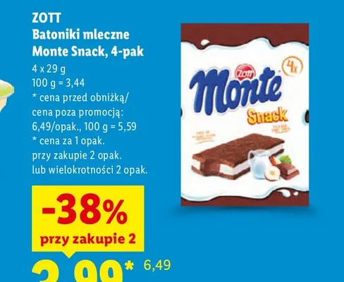 Batoniki mleczne Monte Snack Zott 4-pak promocja w Lidl