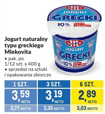 Jogurt naturalny typu greckiego Mlekovita 10% promocja w Makro
