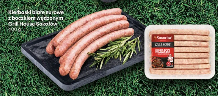 Kiełbaski białe surowe z boczkiem wędzonym Sokołów Grill House promocja w Delikatesy Centrum
