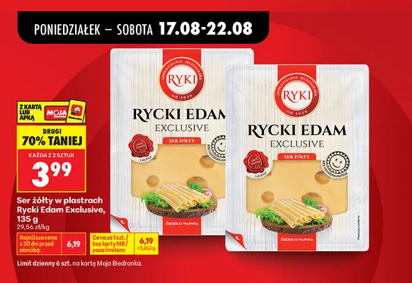 Ser żółty w plastrach Rycki Edam Exclusive promocja w Biedronka