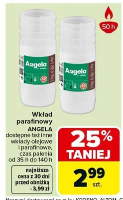Wkład parafinowy ANGELA dostępne też inne wkłady olejowe i parafinowe, czas palenia od 35 h do 140 h promocja w Carrefour