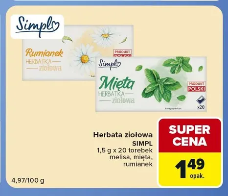 Herbata ziołowa Simpl melisa promocja w Carrefour Market