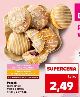 Pączek różne smaki z nadzieniem o smaku różanym, z nadzieniem o smaku adwokata, z nadzieniem wiśniowym promocja w Kaufland