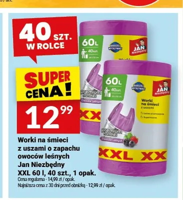 Worki na śmieci z uszami o zapachu owoców leśnych Jan Niezbędny XXL 60 l 40-pak promocja w Twój Market