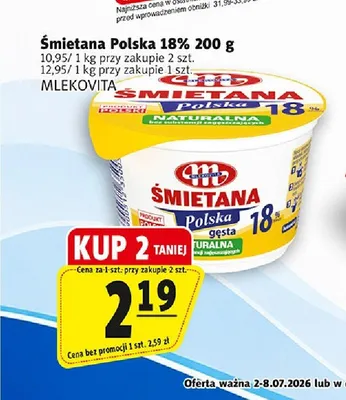 Śmietana Polska 18% Mlekovita promocja w Prim Market