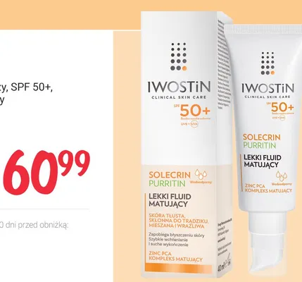 Fluid do twarzy Iwostin Solecrin Purritin SPF 50+ lekki matujący promocja w Rossmann