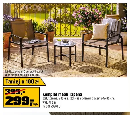 Komplet mebli Tapena stal, tkanina, 2 fotele, stolik ze szklanym blatem o Ø45cm, wys. 41cm promocja w OBI