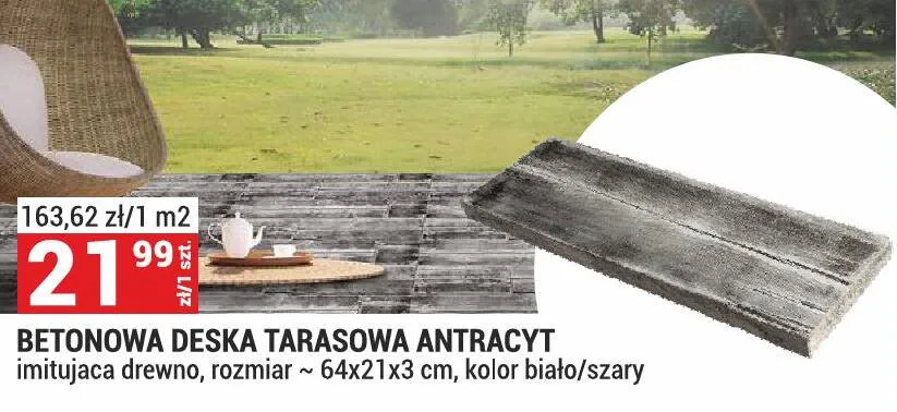 Betonowa deska tarasowa Antracyt imitująca drewno, rozmiar ~64x21x3 cm, kolor biało/szary promocja w Merkury Market