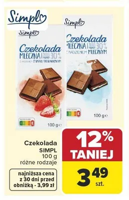 Czekolada mleczna z nadzieniem mlecznym Simpl promocja w Carrefour Market
