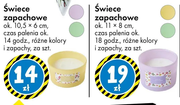 Świece zapachowe ok. 10,5 × 6 cm, czas palenia ok. 14 godz., różne kolory i zapachy promocja w Tedi