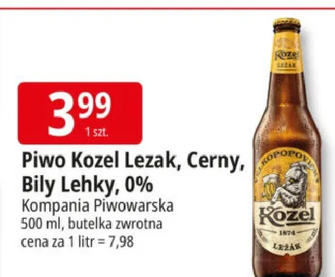 Piwo Kozel Lezak, Cerny, Bily Lehky, 0% promocja w Leclerc