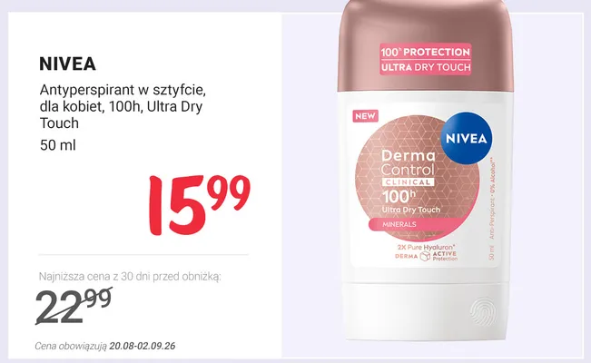 Antyperspirant w sztyfcie dla kobiet Nivea Derma Control Clinical Ultra Dry Touch promocja w Rossmann