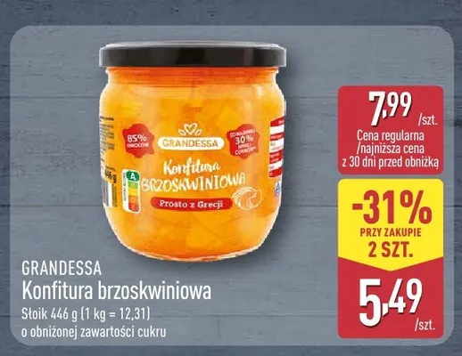 Konfitura brzoskwiniowa GRANDESSA o obniżonej zawartości cukru promocja w Aldi