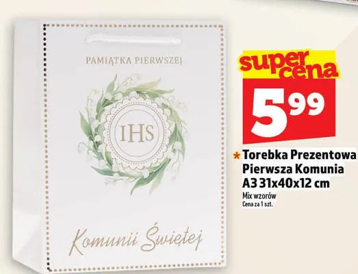 Torebka Prezentowa Pierwsza Komunia A3 31x40x12cm promocja w TOPAZ