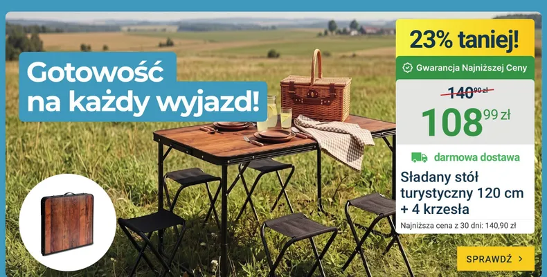 Składany stół turystyczny 120cm + 4 krzesła promocja w ERLI