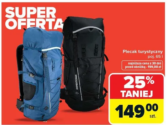 Plecak turystyczny 65l promocja w Carrefour