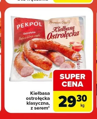 Kiełbasa ostrołęcka z serem Pekpol promocja w Carrefour Market