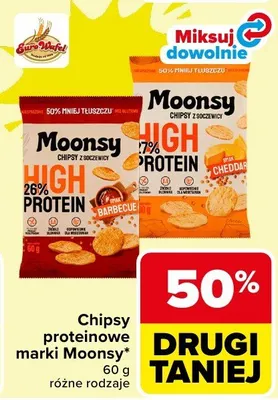 Chipsy proteinowe marki Moonsy różne rodzaje promocja w Carrefour Market