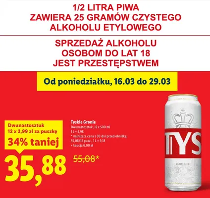 Piwo Tyskie Gronie 12x500 ml promocja w Lidl