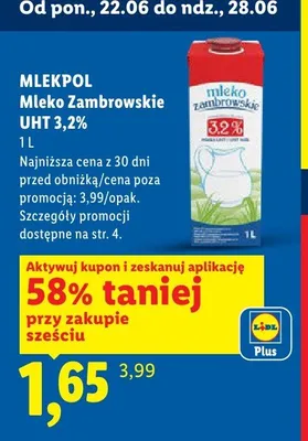 Mleko Zambrowskie UHT 3,2% Mlekpol promocja w Lidl