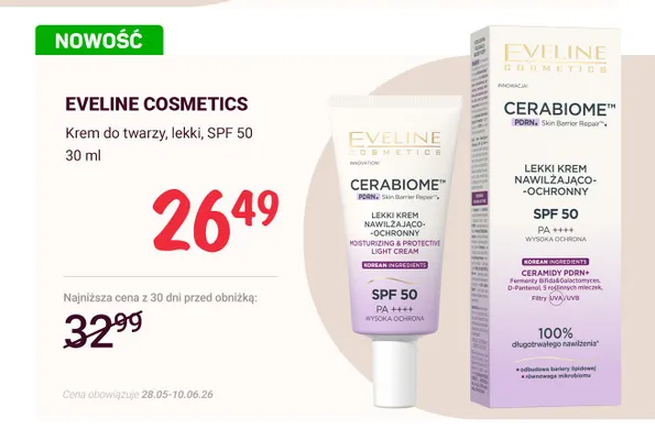 Krem do twarzy lekki EVELINE COSMETICS SPF 50 promocja w Rossmann