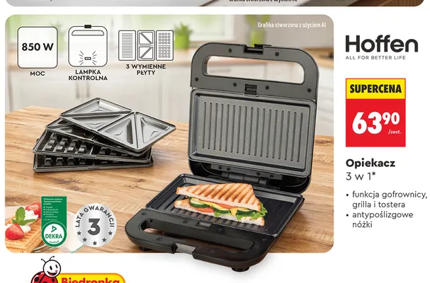 Opiekacz do kanapek 3w1 Hoffen promocja w Biedronka